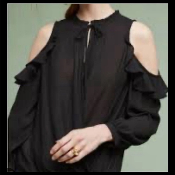 Anthropologie Maeve Black Cotton Cold Shoulder Long Sleeve Blouse Small - Picture 2 of 10